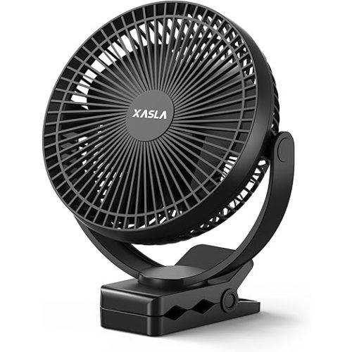 xasla 10000mAh Portable Clip on Fan, 8 inch Rechargeable Battery Operated Fan, 24 Hours Work Time, Quiet USB Fan, 4 Speeds Personal Fan, Ideal for Outdoor Camping Golf Cart Home Office Black