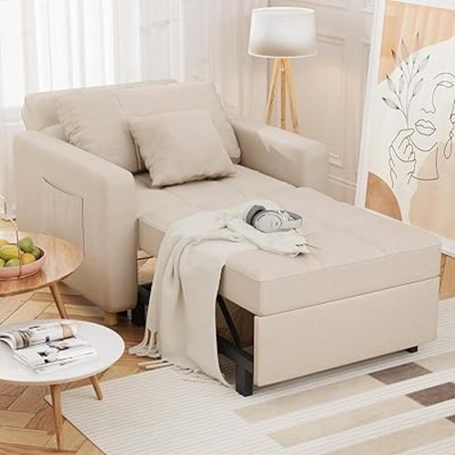 36" Sleeper Chair, Convertible Chair Bed for Adults, 3-in-1 Pull Out Sofa Chair with Pillow, Side Pocket and Adjustable Backrest for Small Space, RV, Living Room, Apartment, Beige