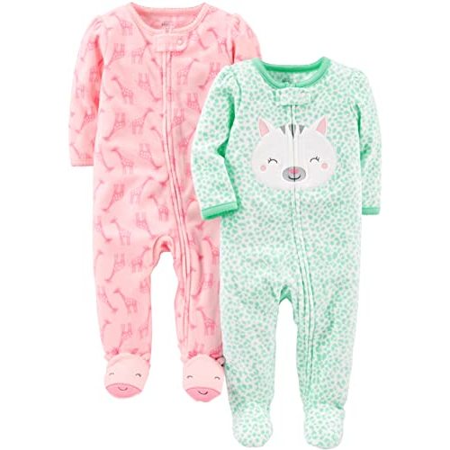Simple Joys by Carter's Baby Girls' 2-Pack Fleece Footed Sleep and Play - Preemie - Kitten/Giraffe