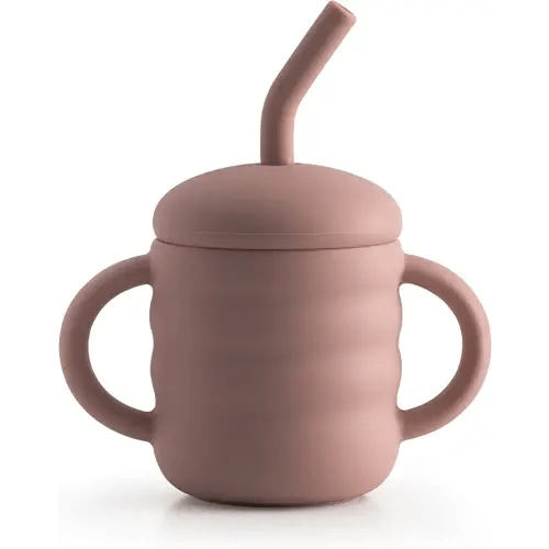 Cute 2-1 Silicone Straw Sippy Cup with Stopper - 5.4 OZ Spill-proof Sippy Cups for Baby 6+ Months w/ Dbl Handles, Grooved Body & Angled Straw for Fun & Safe Drinking - Includes Cleaning Brush - Pink