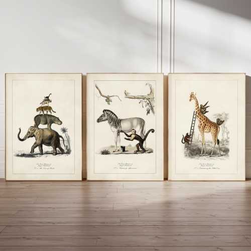 Surreal Animal Art Set of 3 Print Vintage Posters Funny Animal Prints for Kid's Room Wall Art for Nursery Fun Whimsical Art for Jungle Decor