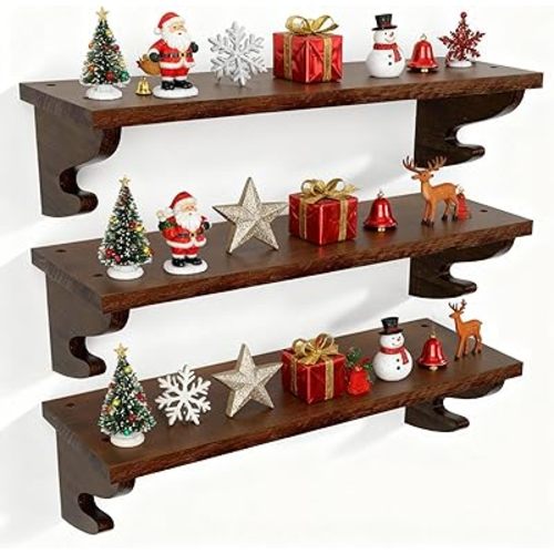 Alsonerbay Wood Floating Shelves for Wall 3 Pack, 17 inch Rustic Wall Shelves with Hook, Decorative Hanging Shelves for Bedroom Living Room Nursery Office and More Light Walnut