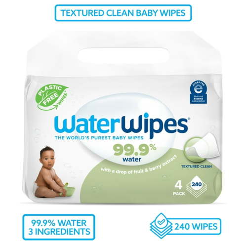 WaterWipes Textured Clean 99.9% Water Based Toddler & Baby Wipes, 4 Resealable Packs (240 Wipes)