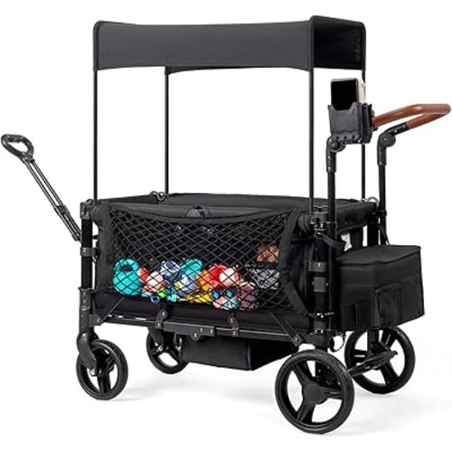 Wagon Stroller for 2 Kids, All-Terrain Wagon for Kids with Footwell, Canopy, Parent Organizer, Adjustable Handle & Pull Bar for Infants (Black)