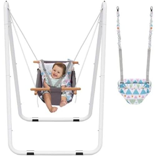 2-in-1 Baby Bouncer Jumper & Toddler Swing, Outdoor/Indoor Baby Swing with 5-Point Safety Harness, Space-Saving Design, Stable and Secure Jumper for Baby