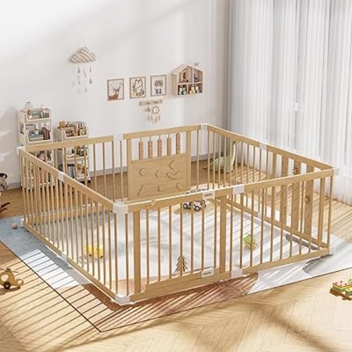 Wooden Baby Playpen with Child Safety Lock, Extra Large Playpen for Babies and Toddlers, Indoor Play Pen for Kids Activity Center, Portable Natural Wood Fence, Expandable, Suction Cups, 8 Panels