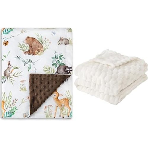 HOMRITAR 2 Pack Minky Baby Blanket for Boys with Woodland Animals + 3D Imitation Turtle Shell Jacquard Bed Blankets Cream 30 x 40 Inch