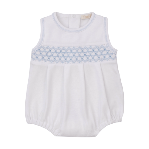 CLB Summer25 Hand Smocked White Bubble Blue Geo Smocking