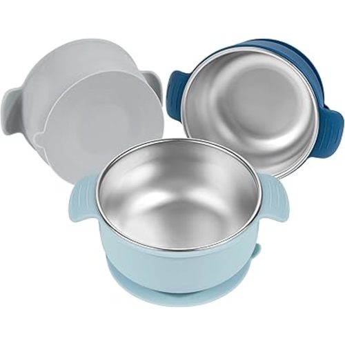 Stainless Steel and Silicone with Suction Baby Bowls 3 Packs 4.3” Kids Feeding,Non-Toxic&Lead-Free&Mess Free Toddler Bowl Set,Dishwasher Safe&Extra Strong Base&Fit Highchar Size,blue dark blue grey