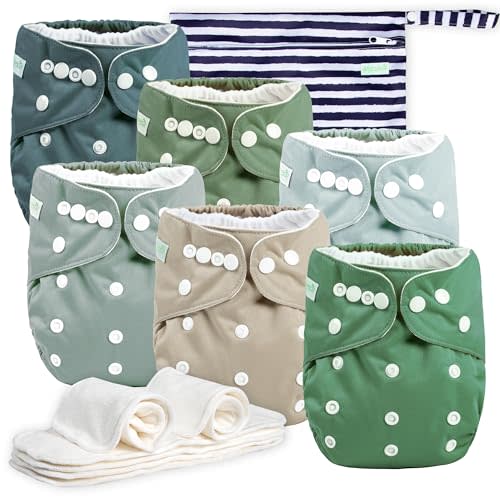 wegreeco Cloth Diapers 6 Pack with 6 Inserts & 1 Wet Bag, Washable Cloth Diapers for Babies, One Size Adjustable Reusable (Morandi Green)