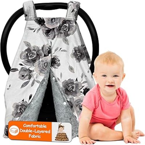 Dear Baby Gear Soft Floral Baby Car Seat Canopy-Monochrome Gray Floral- Newborn Girl- Warm Infant
