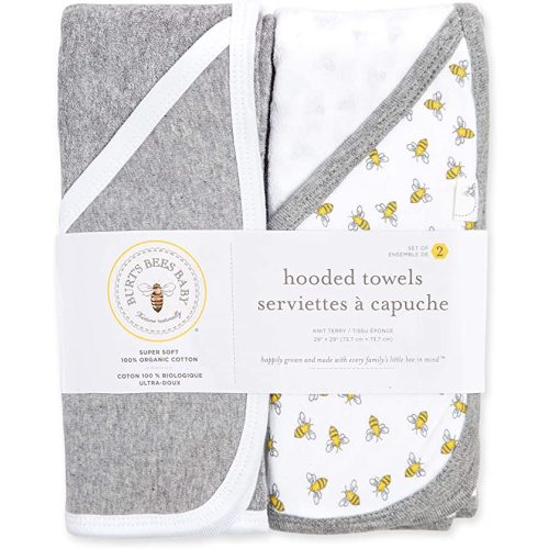 Burt's Bees Baby - Hooded Towels, Absorbent Knit Terry, Super Soft Single Ply, 100% Organic Cotton (Honey Bee/Grey, 2-Pack) - Honeybee/Grey