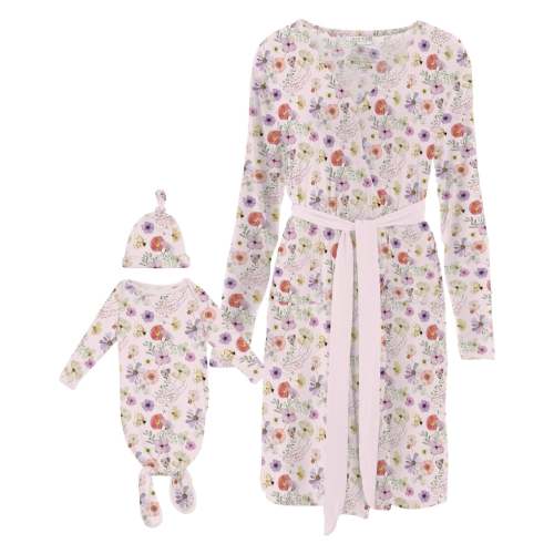 Women's Print Mid-Length Lounge Robe & Knotted Layette Gown Set in Shrinking Violet Pressed Flowers