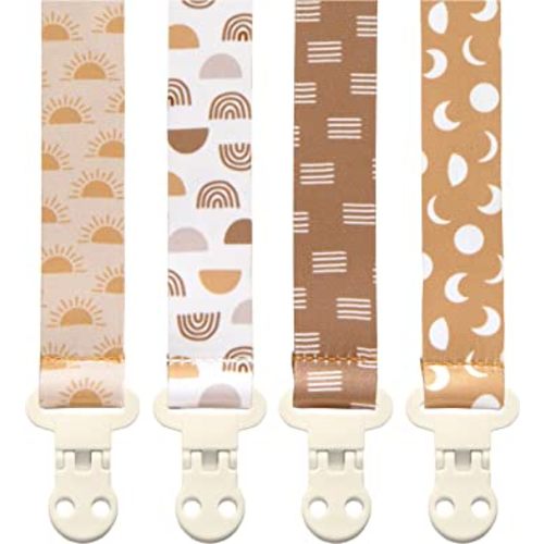 Baby Pacifier Clip Holder - Girl or Boy Unisex 4 Pack Gift Set – Boho Modern Neutral Suns Raibows Moons (Luna)