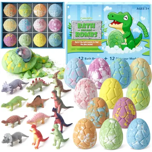 CalmNFiz Bath Bombs with Surprise Dinosaur Toys Inside,12 Pack Organic and Natural Bubble Bath Bombs,Bath Bomb Set Gift for Birthday/Christmas Gift for Her/Him
