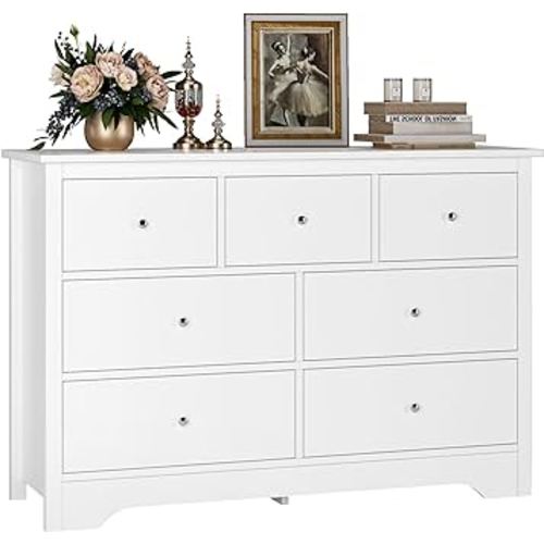 FOTOSOK White Dresser 7 Drawer with 19'' Deeper Depth, 47.2'' White Chest of Drawers Modern Dresser with Metal Handles, White Dresser Chest of Drawers with Large Drawer Storage Space for Home