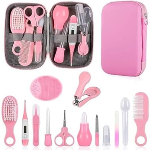 Baby Grooming Kit, Infant Safety Care Set with Hair Brush Comb Nail Clipper Nasal Aspirator,Baby Essentials Kit for Newborn Girls Boys (Pink Baby Grooming kit)