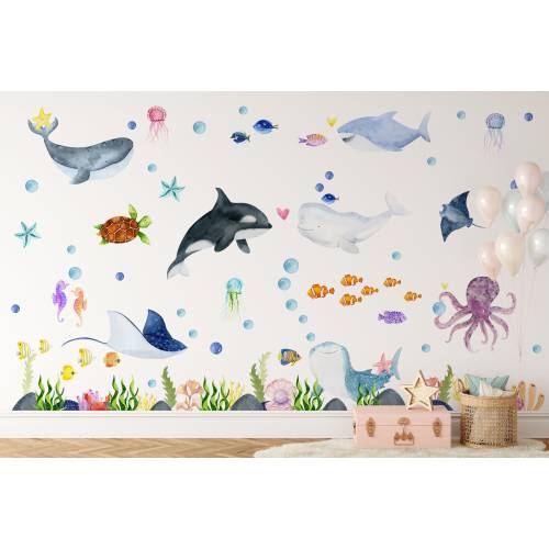 Ocean Animals Wall Decal - Nursery Undersea Wallsticker - Sea Animals Decals - Nautical Nursery Decor - Peel and Stick