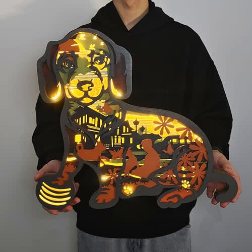 3D Wooden Animals LED Night Light, Art Wall Home Hanging Decor Carving, Wood Carved Lamp Modern Festival Decoration Desktop Desk Table Living Room Bedroom Farmhouse Office Shelf (Dachshund)