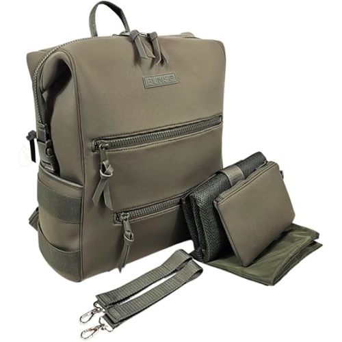 Neoprene Diaper Bag, Minimalist Backpack Diaper Bag with Pouch, Changing Pad, and Stroller Straps, Water Resistant and Lightweight Dad Diaper Bag, Diaper Bag Backpack - Olive