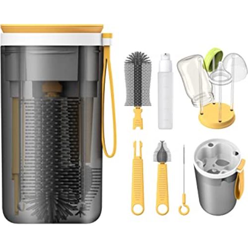 Travel Baby Bottle Brush Set with Portable Silicone Bottle Brush, Nipple Cleaner Brush, Straw Brush, Soap Dispenser and Bottle Drying Rack, Yellow