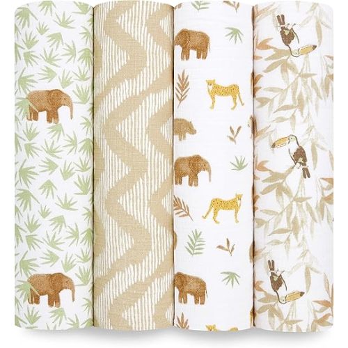 aden + anais Essentials Muslin Swaddle Blankets for Baby Girls and Boys, Newborn Receiving Blanket for Swaddling, 100% Cotton Baby Swaddle Wrap, 4 Pack, Tanzania
