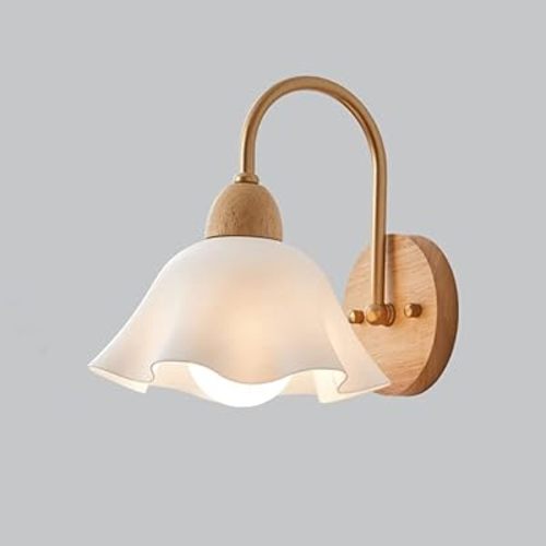 Vintage Milk Glass Wall Sconce Light for Kids Bedroom Flower Shade Rustic Wood Wall Mount Light Fixtures Gooseneck Nordic Modern Wall Lamp for Bedside Living Room Porch Entrance