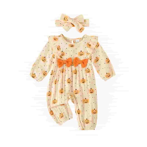 Newborn Baby Girls Halloween Outfits 2PCS Long Sleeve Pumpkin Print Bow Ruffle Romper Jumpsuit with Headband 0-12 Months