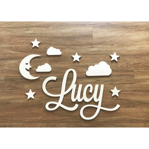 Wooden Name Sign - Clouds, Stars and Moon Included, Wall Art Décor for Baby Girl, Boy | Kids Room Décor | Sign Over Crib | Baby Shower Gift