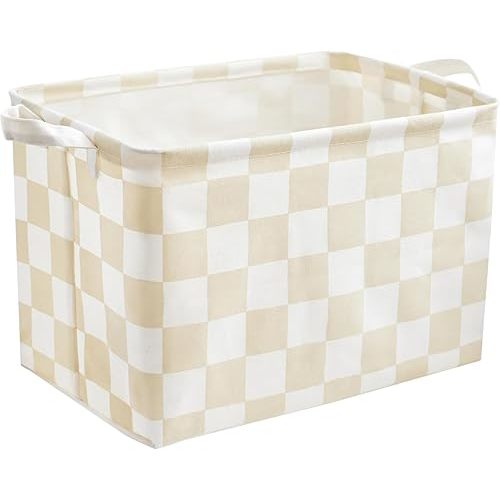 Beige White Checkered Canvas Basket, Rectangular Organizing Decorative Storage Basket for Kids Dog Toy, Cute Aesthetic Checkered Room Decor for Home, Kitchen, Bedroom, Classroom, Shelves