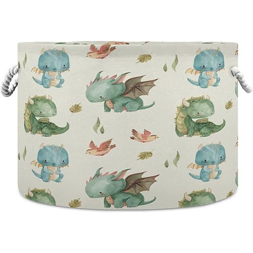 Watercolor Cute Dragon Cotton Rope Basket Large Round Baby Laundry Basket Toy Blanket Books Storage Bin for Bedroom Bathroom Nursery Home Decor, 20 x 14 Inch