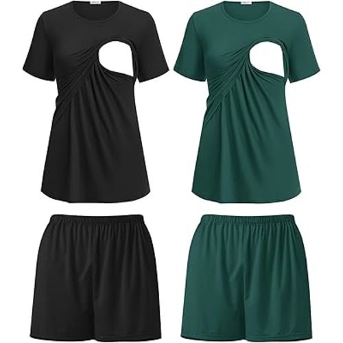 Ekouaer 2 Pack Women's Nursing Pajamas Set Double Layer Maternity Pjs Postpartum Loungewear Set Breastfeeding Tops & Shorts