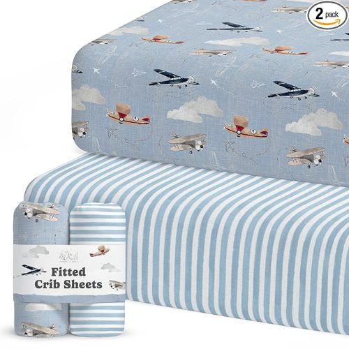 Crib Sheets Neutral - Fitted Baby Crib Sheets Bed for Girl Boy - 2 Pack Standard & Toddler Mattress - Buttery Soft Organic Cotton Blend (Airplanes in the Clouds)
