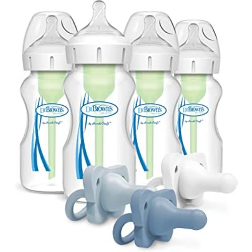 Dr. Brown’s Natural Flow® Anti-Colic Options+™ Wide-Neck Baby Bottle, 9 oz/270 mL, Level 1 Nipple, 4-Pack, 0m+ with HappyPaci 100% Silicone Pacifier 0-6m, BPA Free, White, Blue, Light Blue, 3 Pack