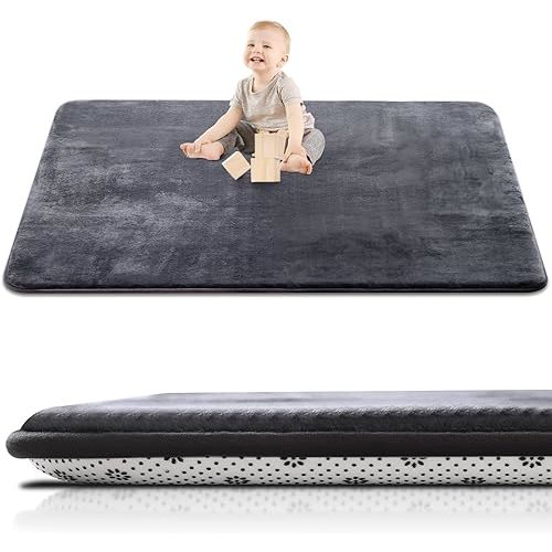 Thick Baby Play Mat for Floor,59 x 71 Playpen Mat,Large Tummy Time Foam Mat,Ultra Soft Support & Plush Feel Nursery Rug,Easy Care with Non-Slip Cushioned for Infant,Kids and Toddler Crawling,Dark Grey