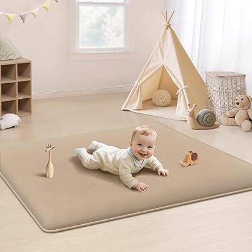 PapaMama Ultra Soft Baby Play Mat for Floor, 1.3" Thick Memory Foam 50x50 Playpen Mat with Non-Slip Backing, Coral Velvet Child Nursery Rug, Tummy Time & Crawling & Yoga Mat for Infant, Toddlers, Kids