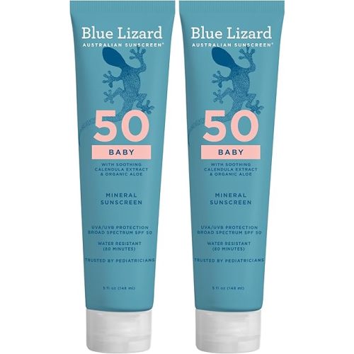 Blue Lizard BABY Mineral Sunscreen with Zinc Oxide,SPF 50+,Water Resistant,UVA/UVB Protection with Smart Cap Technology - Fragrance Free,5 oz. Tube,(Pack of 2)