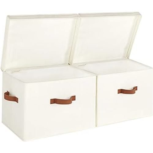 StorageWorks Closet Storage Bin with Lids, Decorative Storage Boxes with Handles, Fabric Storage Bins for Clothes, Jumbo, Ivory White, 2-Pack