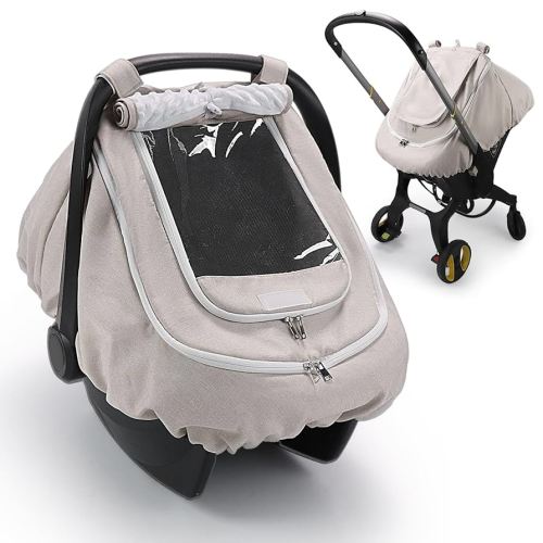 Waterproof Car Seat Cover for Baby, 2-Layer Car Seat Rain Cover with Clear Window & Sunshade & Mesh Cover, Universal Infant Carseat Canopy for Stroller, Protect from Rain and Snow - Beige