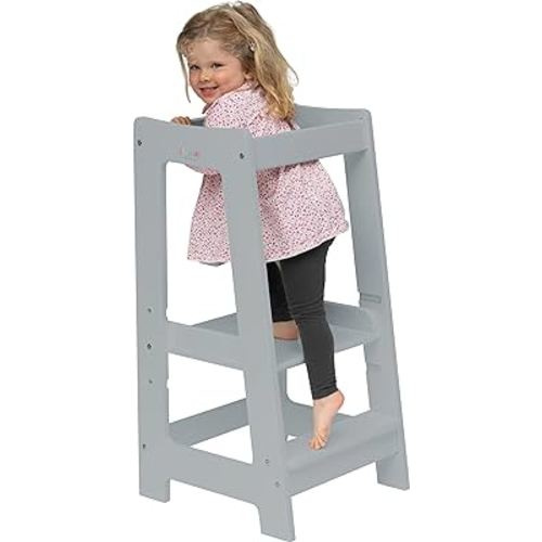 Toddler Tower Step High Chair | Montessori Inspired | Kitchen Wooden Step Stool for Preschool Kids | Adjustable for 18 Month - 5 Years | Includes Safety Rail (Grey)
