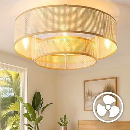 20'' Boho Flush Mount Ceiling Fans with Lights, Rattan bladeless Ceiling Fan with Light, Low Profile Small Caged fandeliers with Lights and Remote for Bedroom,Dining Room