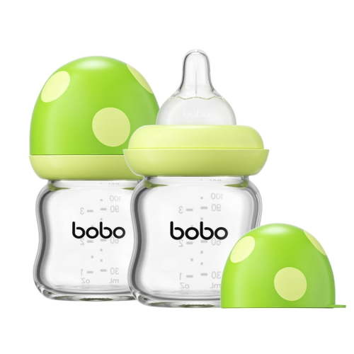 YOHKOH Anti-Colic Glass Baby Bottle with Air Free Vent,(3.4 oz) Green,Level 1 Nipple,Clear,2 pk