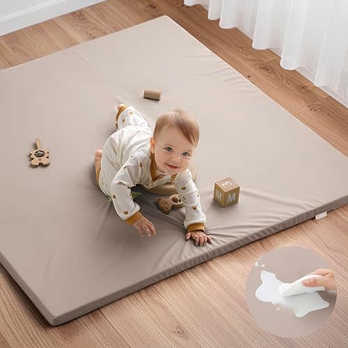 Blissful Diary Vegan Leather Baby Play Mat, 50x50 Thicken Foam Cushioned & Waterproof Playpen Mat for Infants and Toddlers, Stylish and Just Wipe-Clean Crawling Mat for Babyplay on Floor, Brown Gray