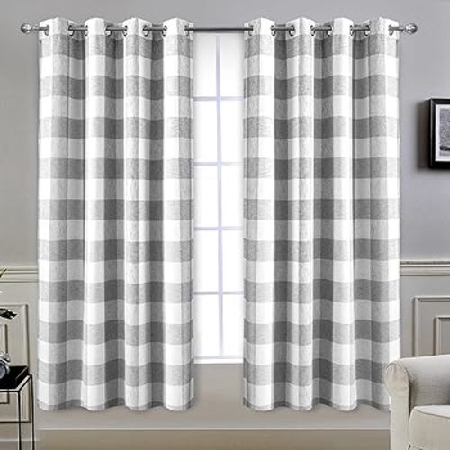 DriftAway Buffalo Plaid Check Curtains Woven Plaid Pattern Lined Blackout Thermal Insulated Window Curtain Grommet 2 Layers 2 Panels 52 Inch by 63 Inch Gray