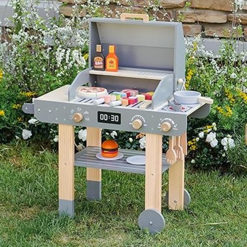 Wooden Kids Grill Playset – Realistic Play Barbecue Set with Grilling Tools and Foods – Pretend Grill Toy for Kids Ages 3+