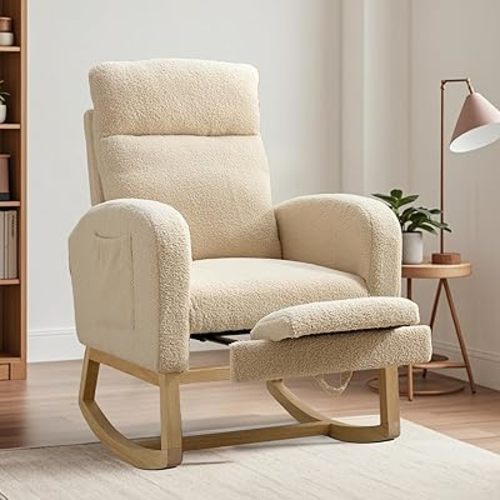 Nursery Rocking Chair with Adjustable Footrest for Living Room - Teddy Fabric, Solid Wooden Legs, Comfortable Lounge Armchair with High Backrest and Side Pockets(Beige,Taddy)