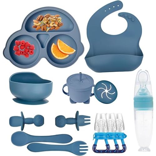 Silicone Baby Feeding Set,Miicasa Baby Led Weaning Supplies Kit With Suction Bowl & Car Plate, Bib, Spoon, Fork, Cup - Food-Grade Silicone, Dishwasher-Safe, No BPAs - For 3+ Months