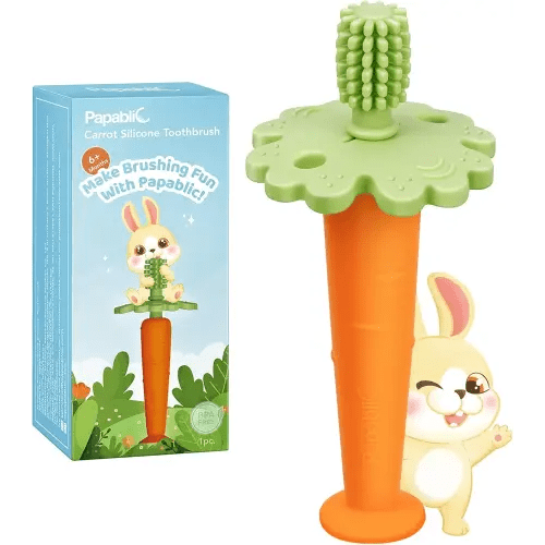 Papablic Baby Toothbrush Teether, Teething Toys 6-12 Months, 360° Carrot Teether Baby Stuffers, Infant Toothbrush with Suction Base