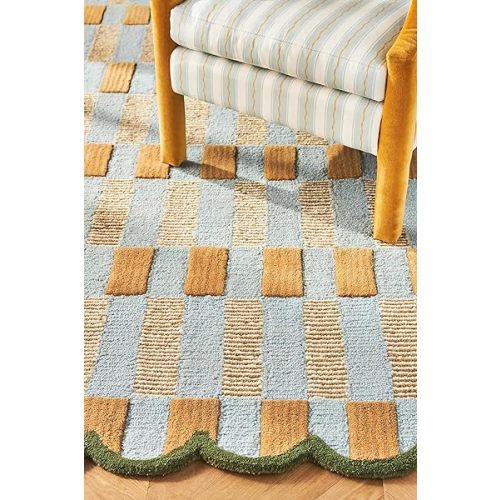 Hand-Tufted Wool Rug with Scalloped Edges, Light Blue Plaid Pattern, Cozy Soft Area Rug for Living Room, Bedroom, and Nursery, Handmade Modern Accent Rug, 8x10 Ft