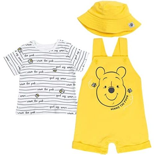 Disney Tigger Winnie the Pooh Baby French Terry Short Overalls T-Shirt and Hat 3 Piece Outfit Set Newborn to Infant